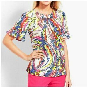 TALBOTS Floral Flutter Sleeve Flower Pearl Key Hole Close Pull Ov…